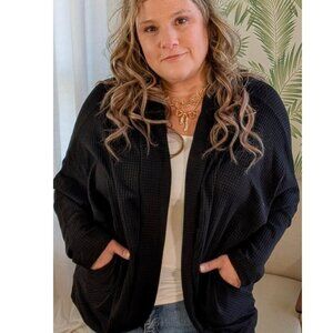 Black Long Sleeve Waffle Cardigan
